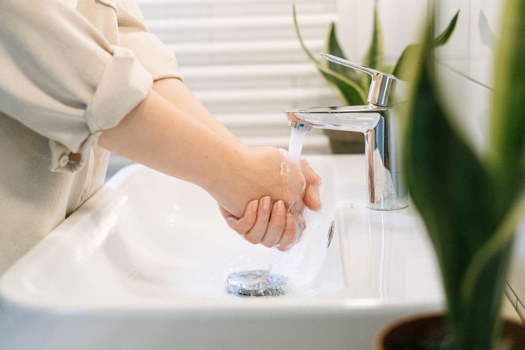 Close-up of hands washing under a modern faucet with indoor plants nearby.